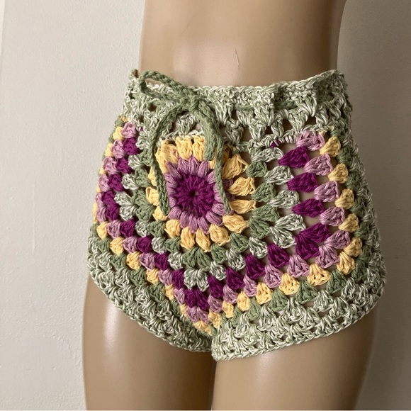 Summer Crochet Crop Tank Cheeky Shorts Set Granny Squares Sexy M High Waist - Picture 5 of 16